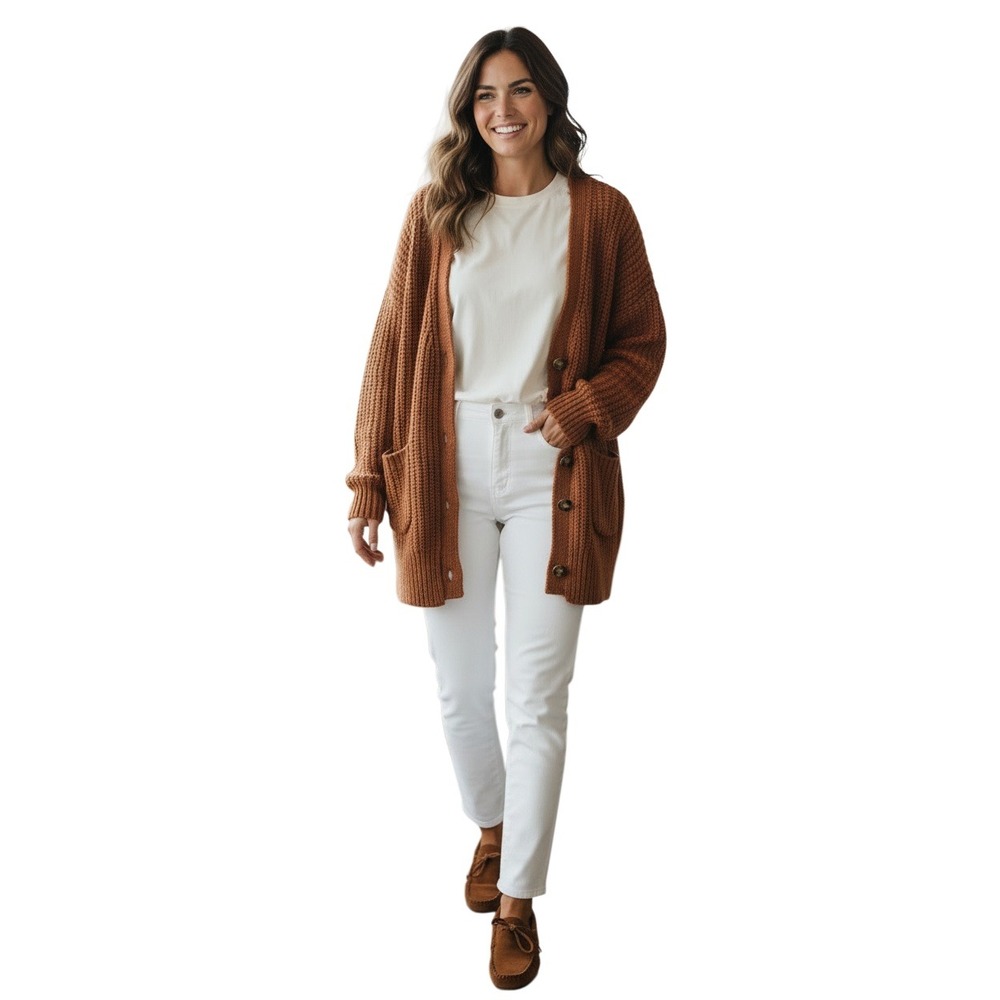Anthropologie Chunky Rust Orange Knit Cardigan Sweater Wool Blend Fits M Coastal